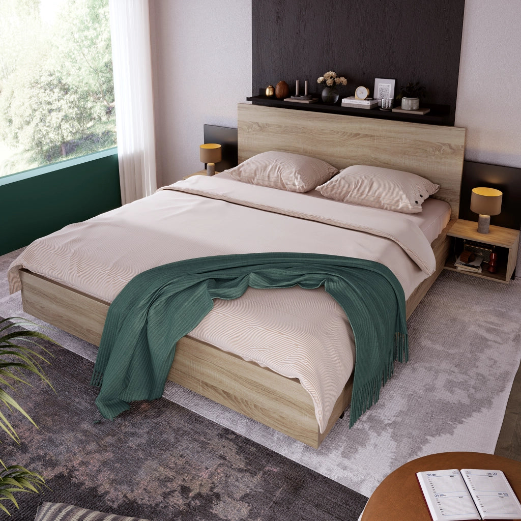 Letto con Cassetti 140×200 cm; Letto Matrimoniale con 4 Cassetti; USB e Tipo C; senza Materasso; Lino; Beige