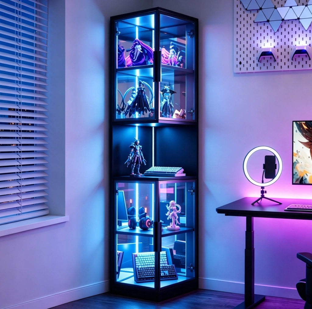 Vetrina LED alta 205 cm con doppie ante in vetro; retro a specchio; nero