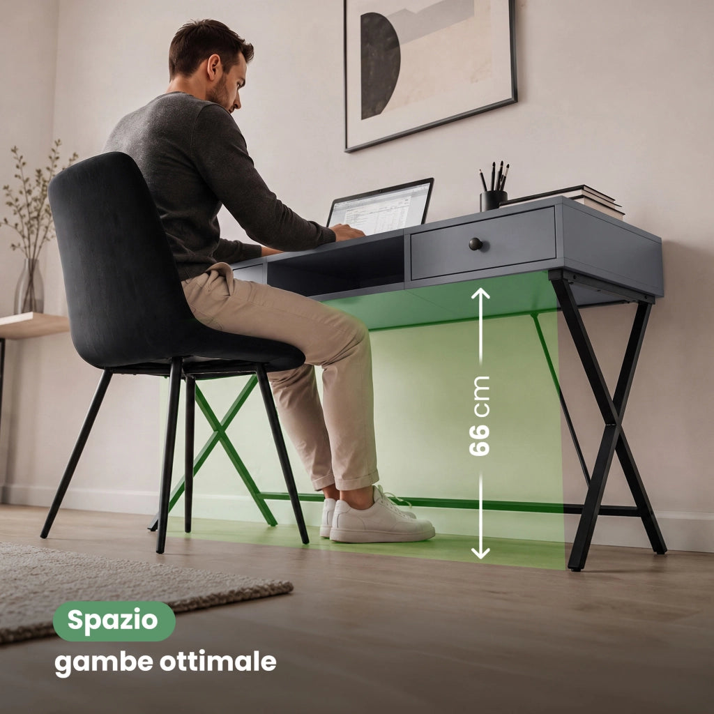 Scrivania PC industriale Grafite CROSSLINE 120 cm 2 cassetti 1 ripiano gambe nere
