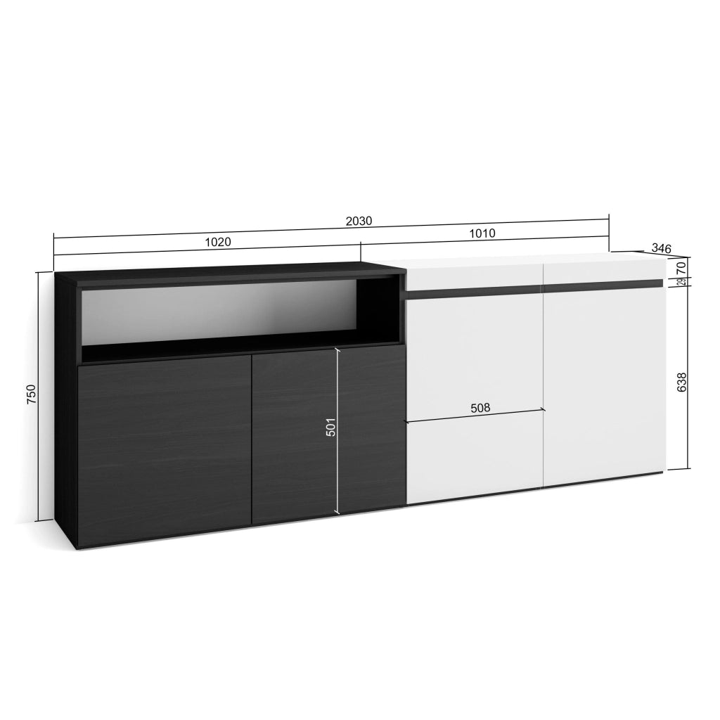 Credenza, Mobile, 200x35x75cm, 4 Porte, grande stoccaggio, Bianco e nero RF2391