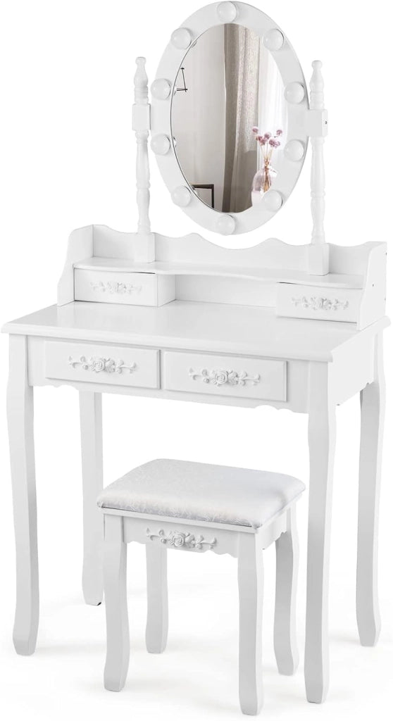Set Toeletta da Trucco, Illuminata a 10 Lampadine LED, 4 Cassetti per Cosmetici, Specchio Regolabile e Staccabile, Sgabello Imbottito, Moderno ed Elegante, 75x40x145 cm, Bianco