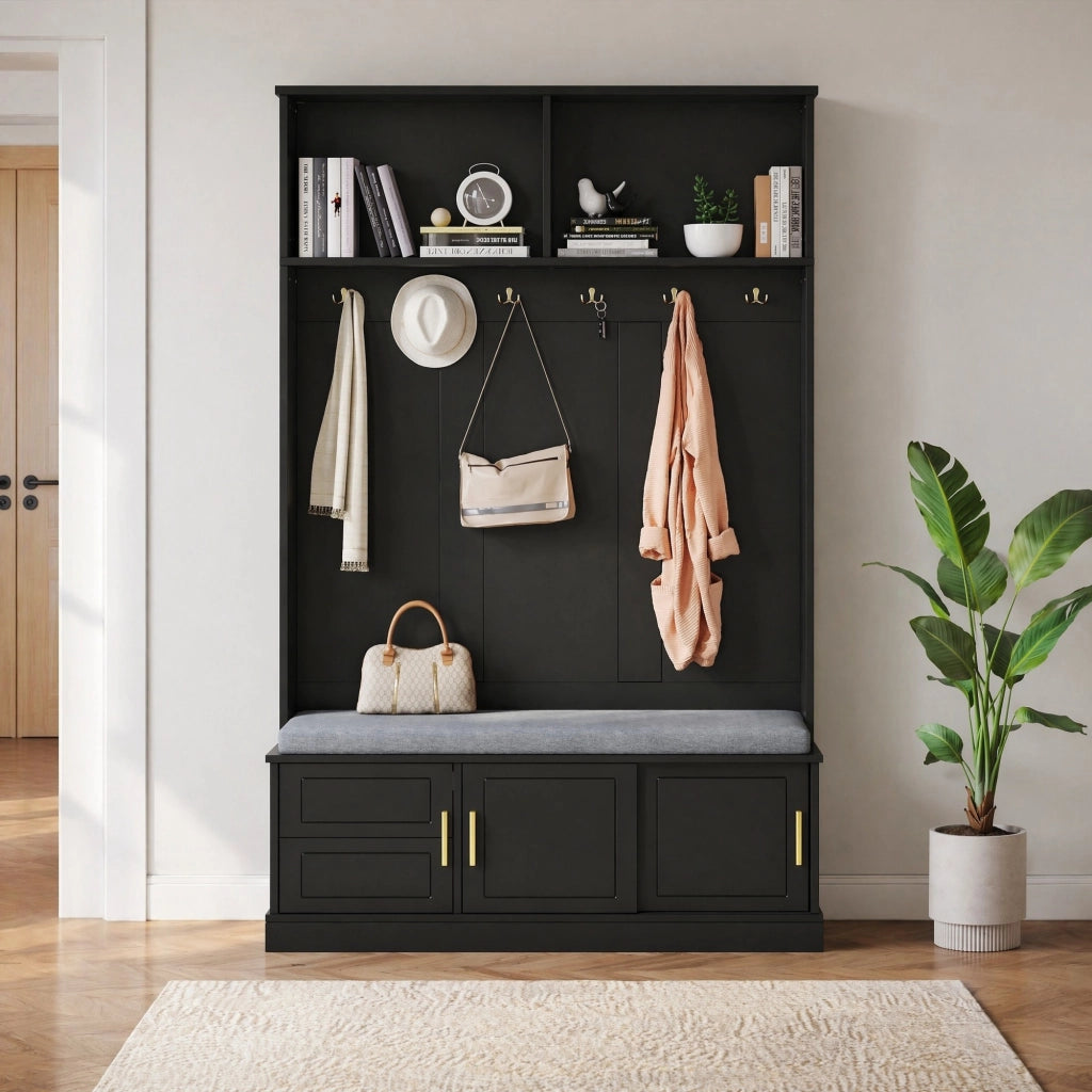 Appendiabiti da ingresso con panca e scarpiera, nero, 120×40×191 cm