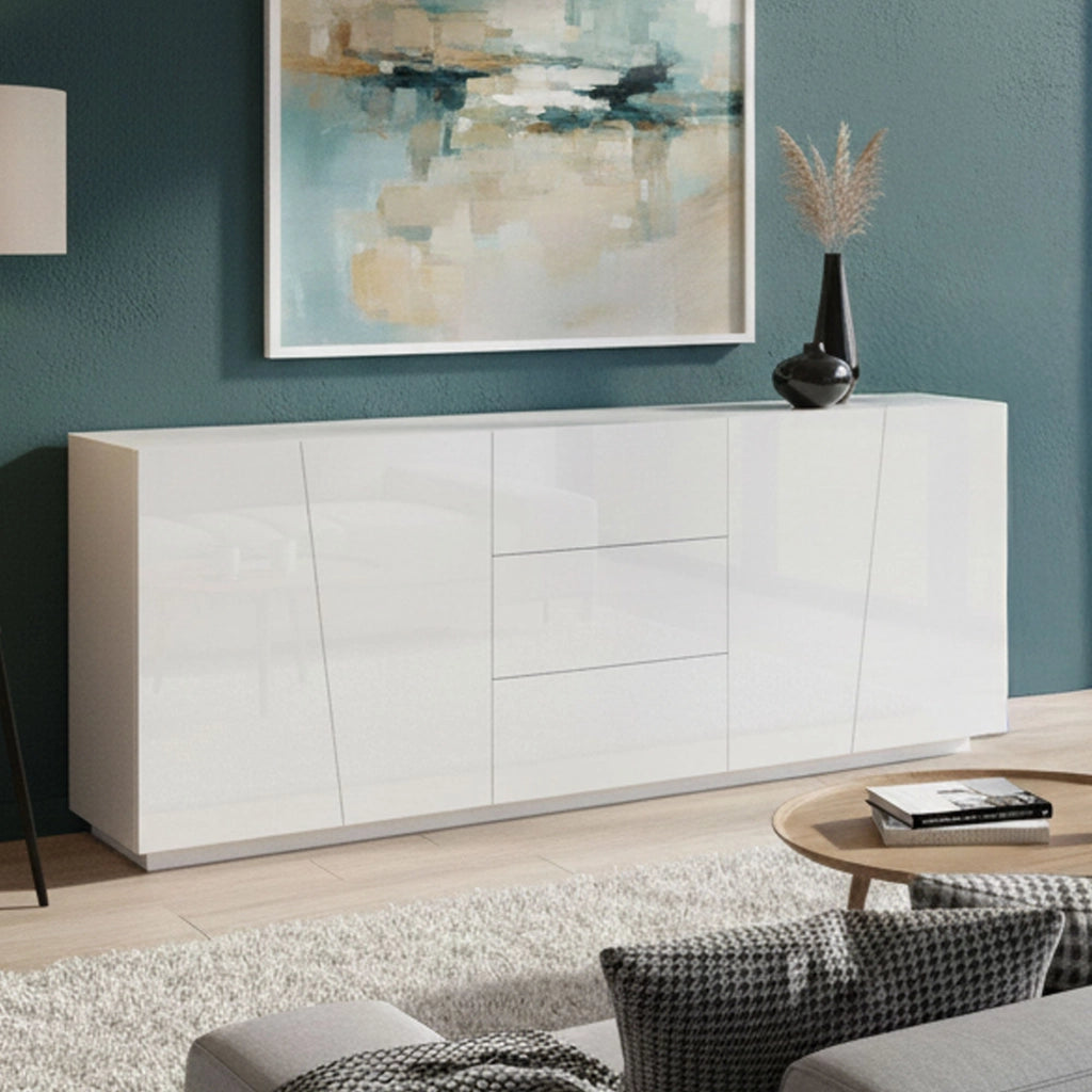 Credenza moderna a 4 ante e 3 Ayrton, Made in Italy, Madia da cucina, Buffet di design da soggiorno, cm 220x43h86, Bianco lucido
