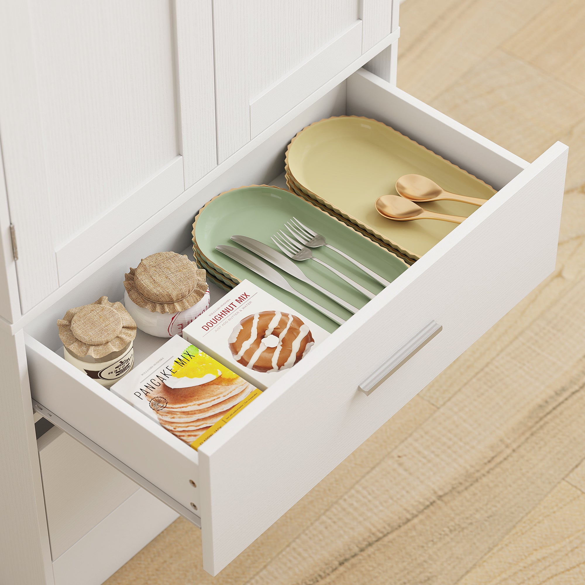 Credenza da Cucina 60x40x159 cm con Armadietto con 8 Ripiani Portaspezie e 2 Cassetti Bianco