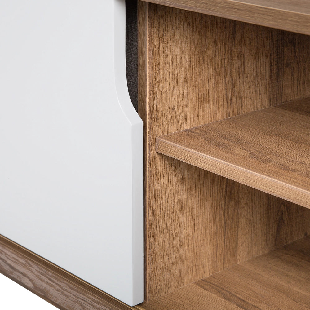 Madia credenza impiallacciata in legno chiaro 56 x 147 x 42 cm con 2 ante scorrevoli bianche e 2 cassetti grigi