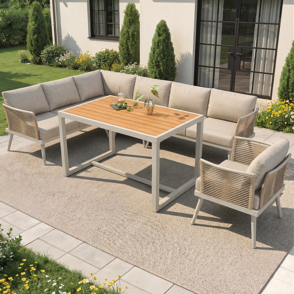 Set da giardino 7 posti con divani componibili e tavolino; ferro beige