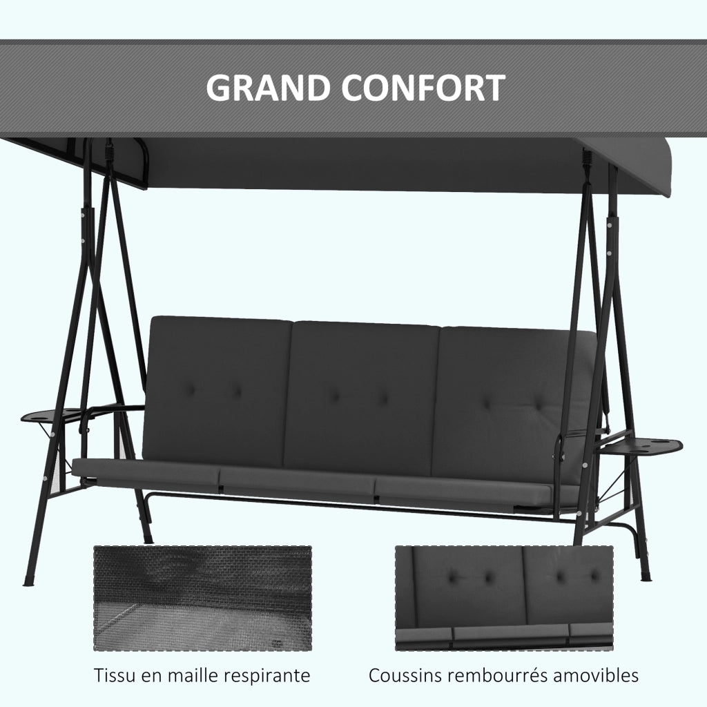 Amaca da giardino 3 posti con cuscini e tavolini ¨C zephmum ¨C grigio, acciaio, poliestere