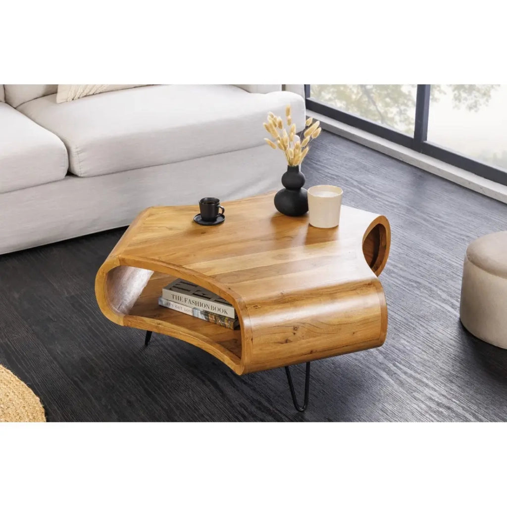 Tavolino basso NERA 90 cm in legno massiccio di acacia con nicchia e gambe in metallo nero – stile retrò industriale