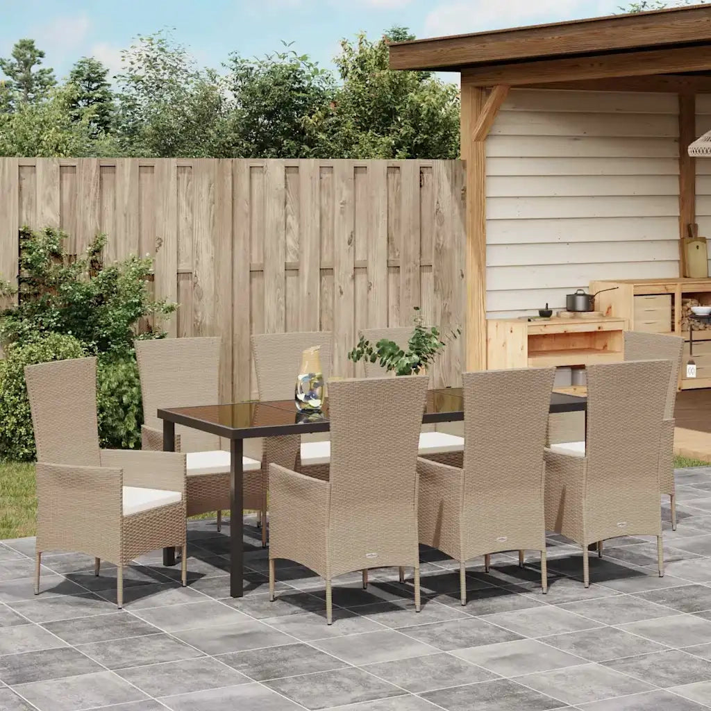 vidaXL Set da Pranzo per Giardino con cuscino 9 pcs Beige polyrattan