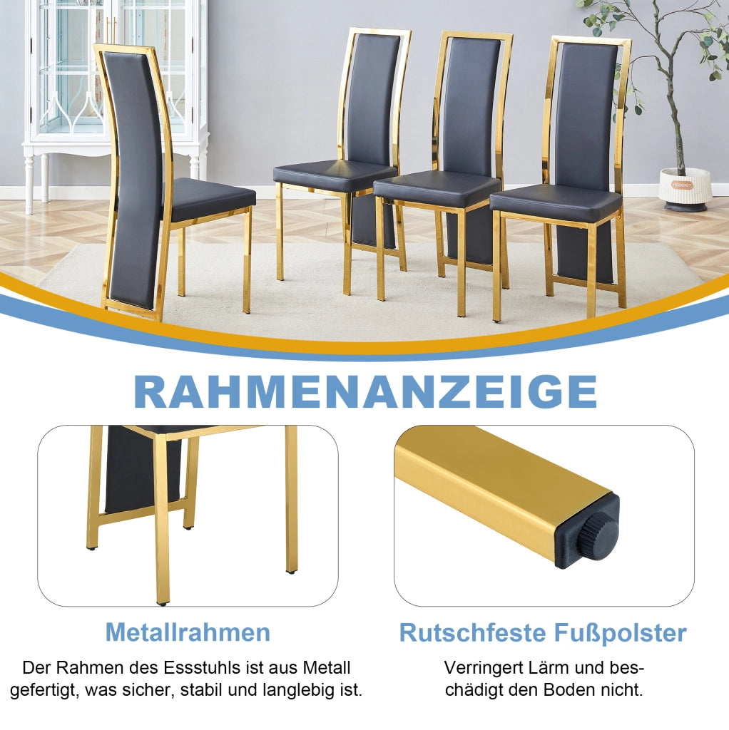 Set di 4 sedie da pranzo moderne con bordo dorato; 109 cm; in PU nero e metallo dorato