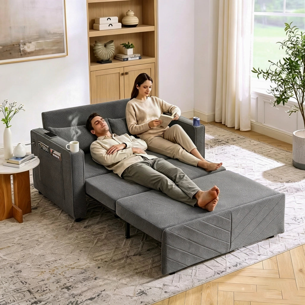 Divano letto 3 in 1 con sistema scorrevole e porte USB in legno e tessuto grigio scuro 195 × 134 × 73 cm