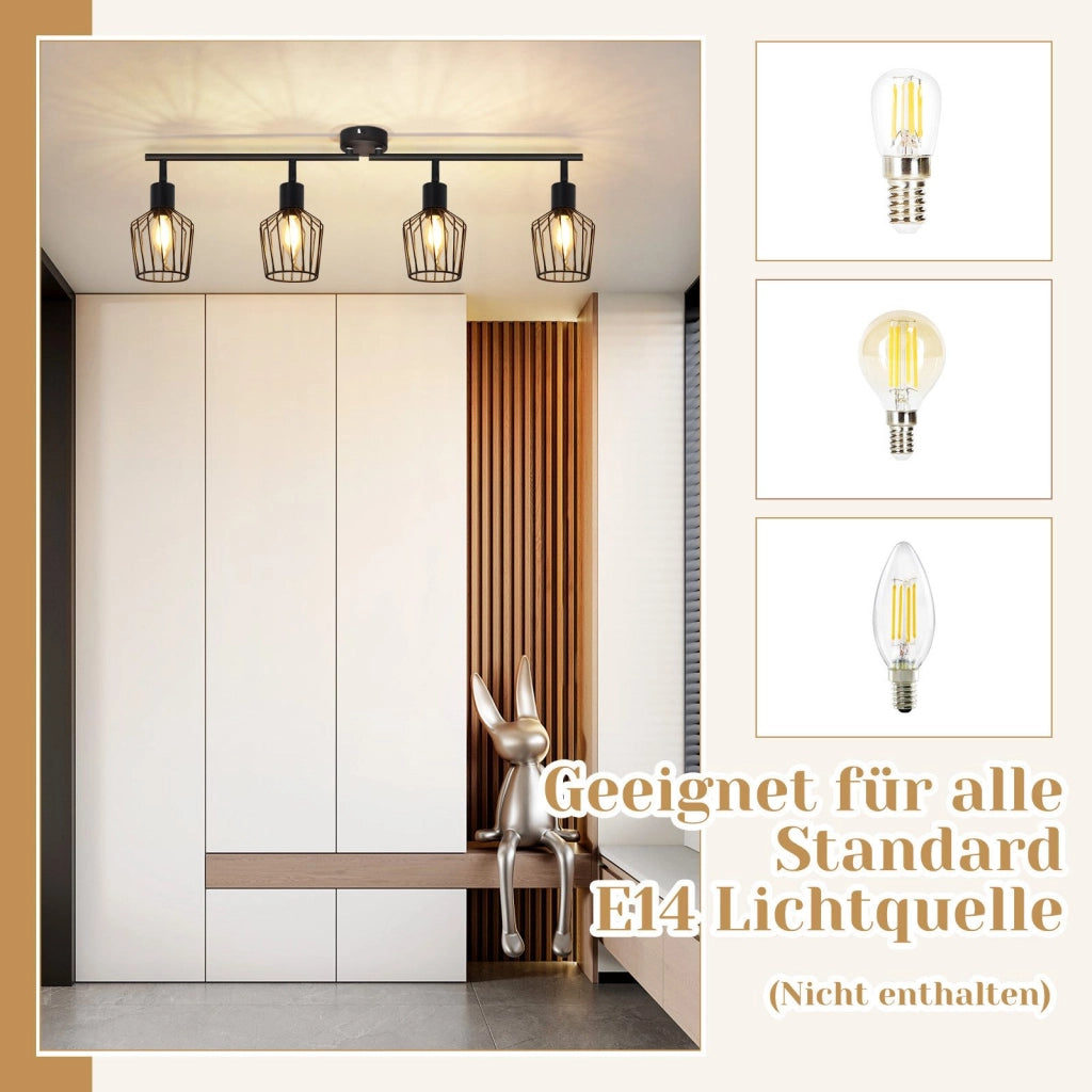 ZMH Faretto da soffitto neri 4 luci E14 metallo orientabili 350° industriali per corridoio soggiorno