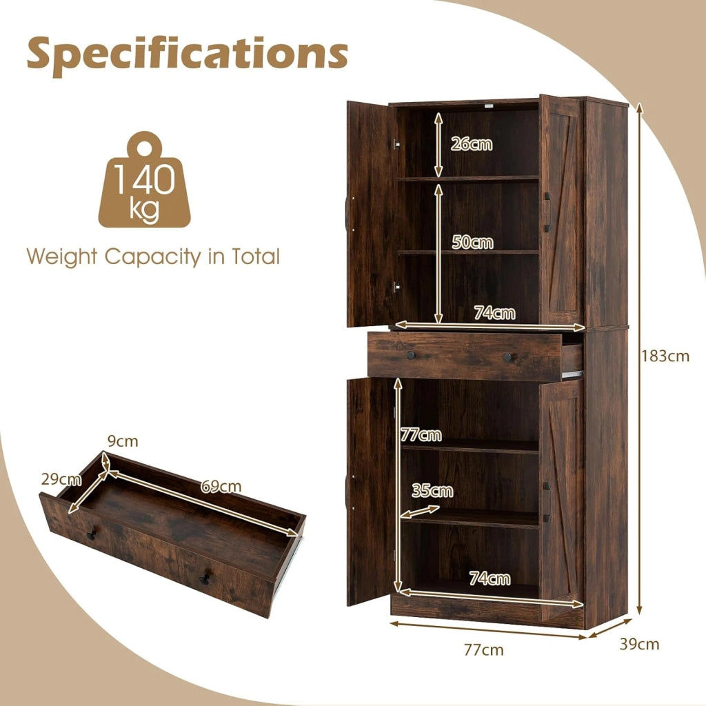 Armadio alto da cucina con 4 ante e 1 cassetto, dispensa in legno con ripiani regolabili, 77 x 39 x 183 cm, mobile per soggiorno, sala da pranzo, bagno (marrone)