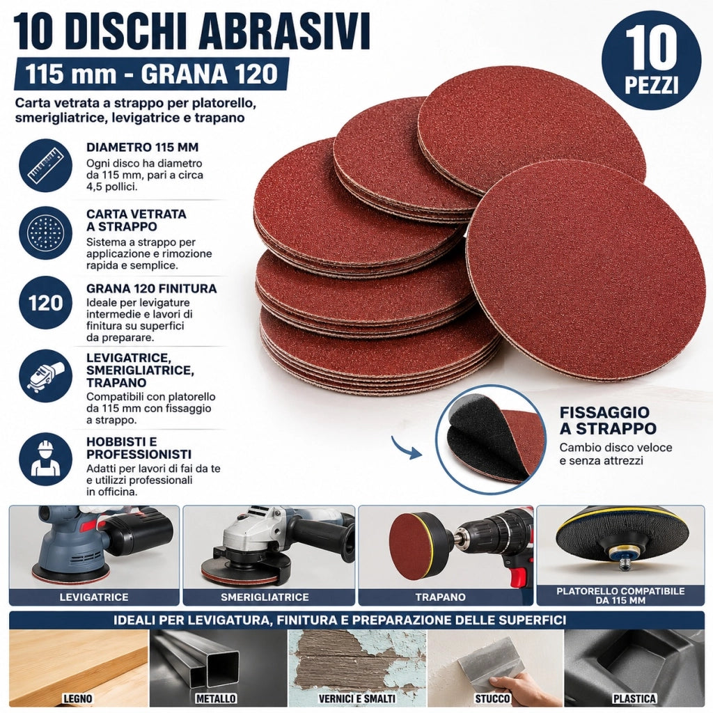 10 Pezzi Dischi Abrasivi 115 mm Grana 120 Carta Vetrata a Strappo 40308