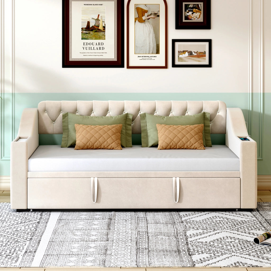 DESMIU Litto semplice 90 × 190 cm 1 posto con USB, Type-C e vani portaoggetti, senza materasso, in velluto, beige