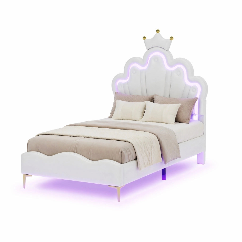 Letto imbottito 90x200 cm con LED; testiera a corona in PU bianco e altezza regolabile