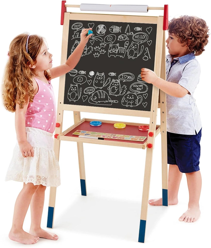 Cavalletto per Bambini 3 in 1, Lavagna Bifacciale, Cavalletto per Disegnare, con Rotolo di Carta, Lavagna Bianca Magnetica, Accessori Completi, in Legno (60x55x(112,5-124,5) cm)