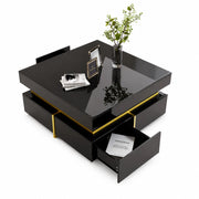 Tavolino da caffè 70x70x35.5 cm; finitura lucida con due cassetti; truciolato nero