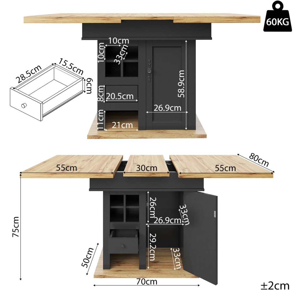 Tavolo da pranzo allungabile 110-140x80x75 cm con vani contenitore; MDF; nero e naturale