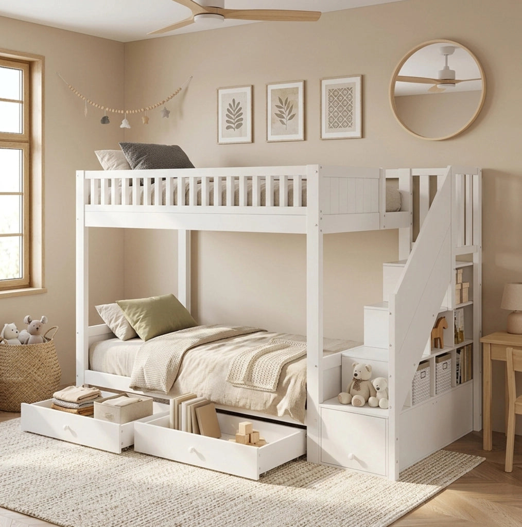 Letto a castello per bambini 90x200 cm in legno bianco con scala contenitore; 2 cassetti e barriera di sicurezza