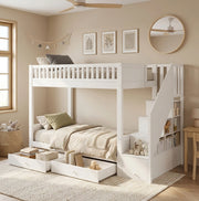 Letto a castello per bambini 90x200 cm in legno bianco con scala contenitore; 2 cassetti e barriera di sicurezza