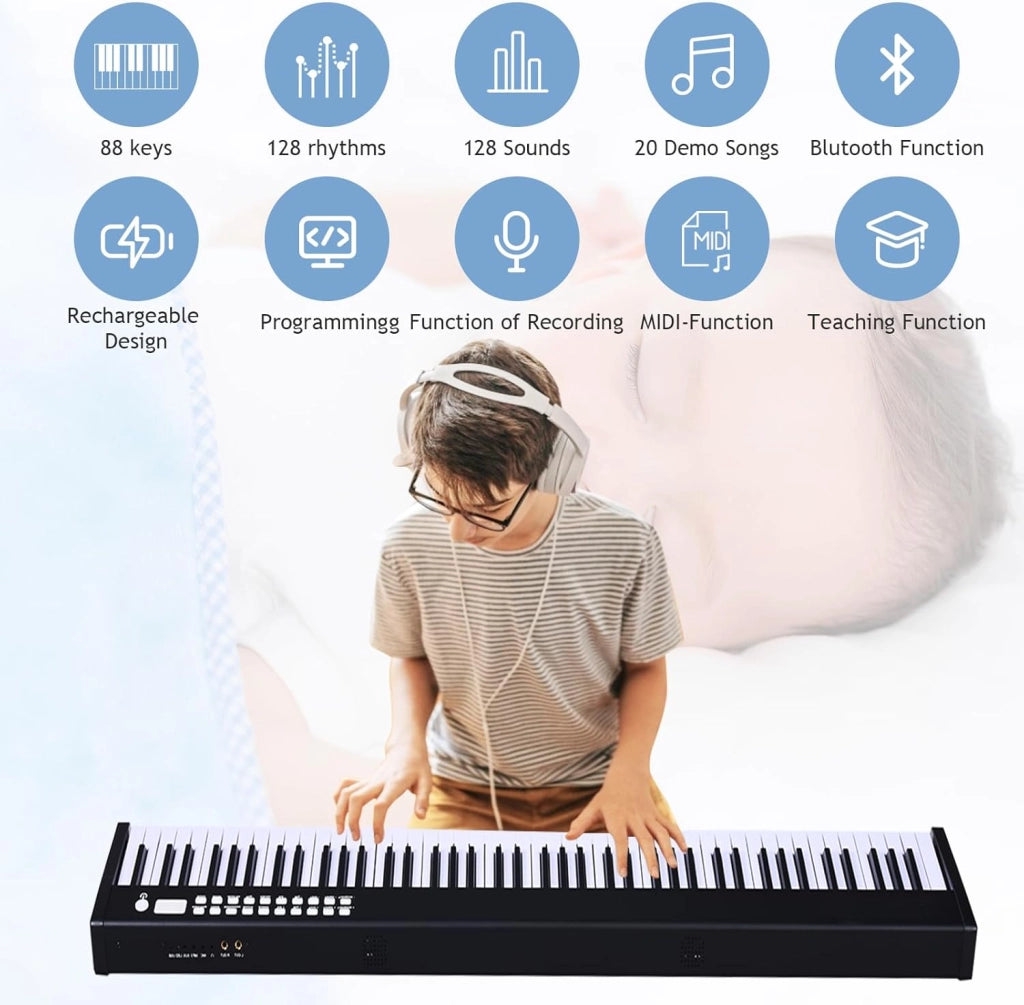 Pianoforte Digitale 88 Tasti Multifunzionale, Tastiera Elettronica con Funzione Bluetooth, Pianola Semi-Pesato per Principianti con Pedale di Sustain, 127 x 21,5 x 6,5 cm (Nero)