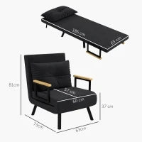 Poltrona Letto 3 in 1 con Schienale Reclinabile in 5 Posizioni e Cuscino, 63x73x81 cm, Nero