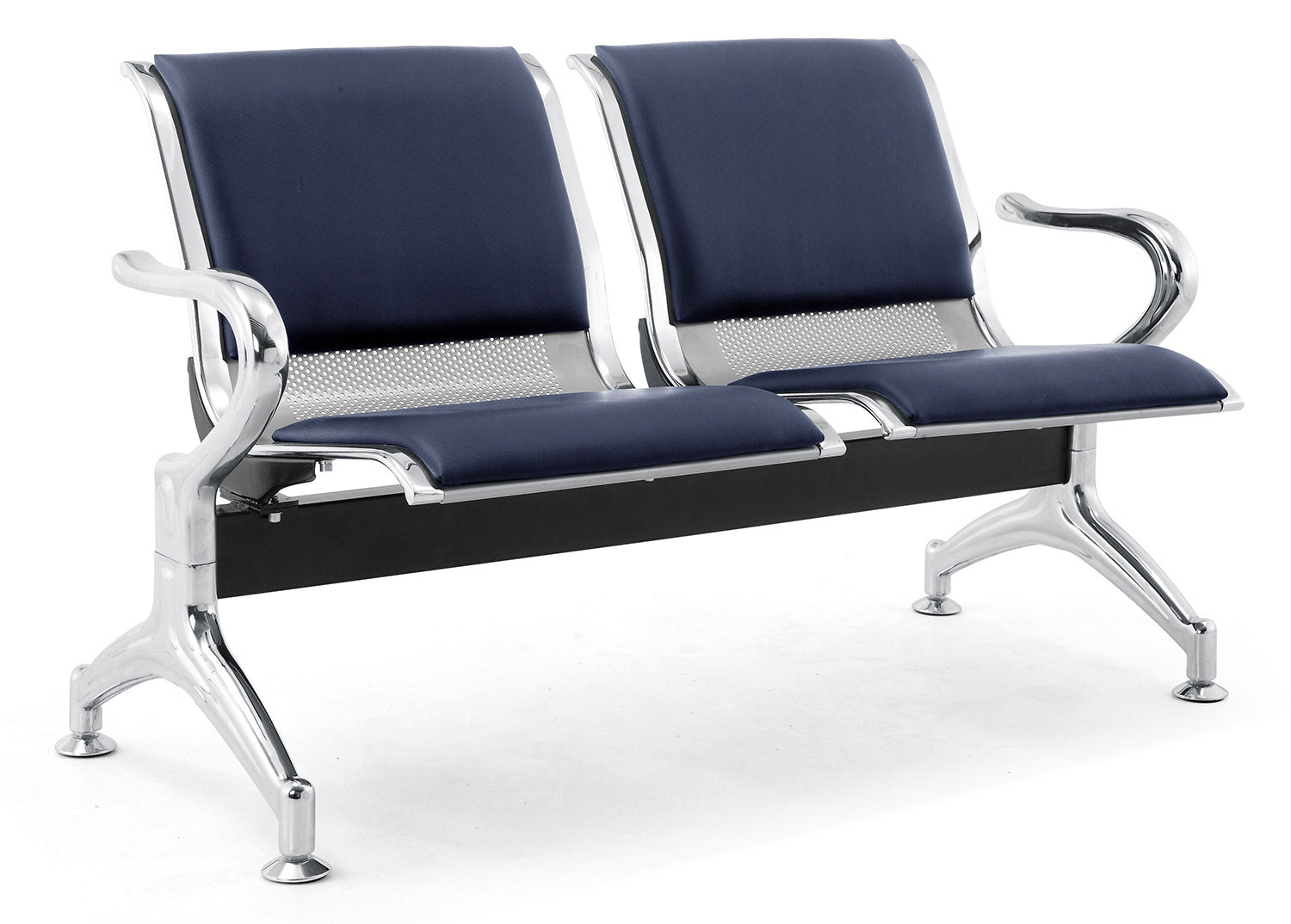 Panca per Sala Attesa 2 Posti da Ufficio con Cuscino in Acciaio e Similpelle Argento/Blu Navy