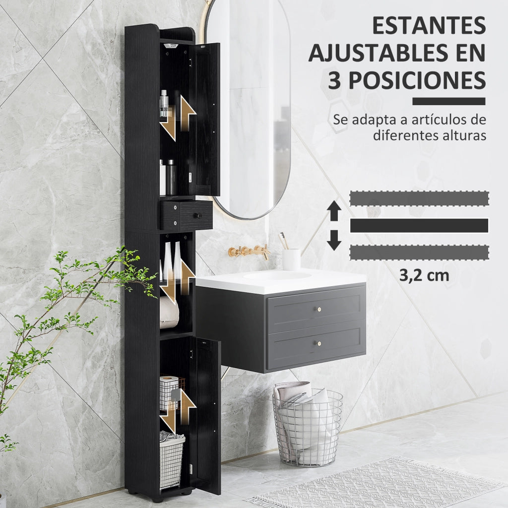 Colonna Bagno 2 Ante con Ripiani Regolabili e Portarrollos ¨C zephmum ¨C 20x20x185 cm Nero