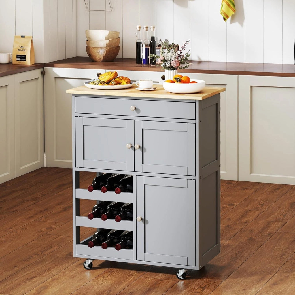 Carrello da cucina mobile con cassetto, porte e ripiani per bottiglie, isola di cucina con ruote e coperchio in legno di gomma, 67 x 37 x 86 cm, mobile di stoccaggio per sala da pranzo (grigio