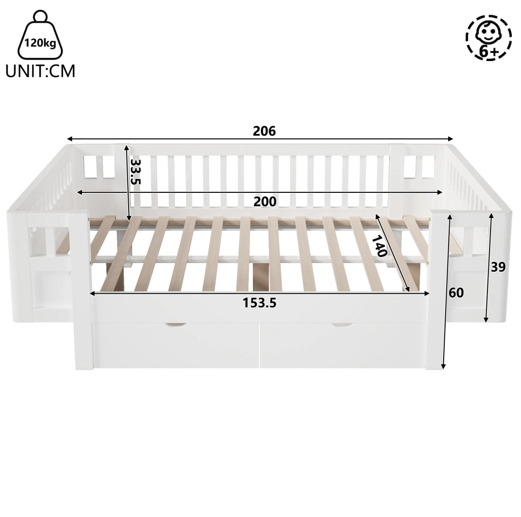 Letto per bambini con barriera alta e 2 cassetti, bianco