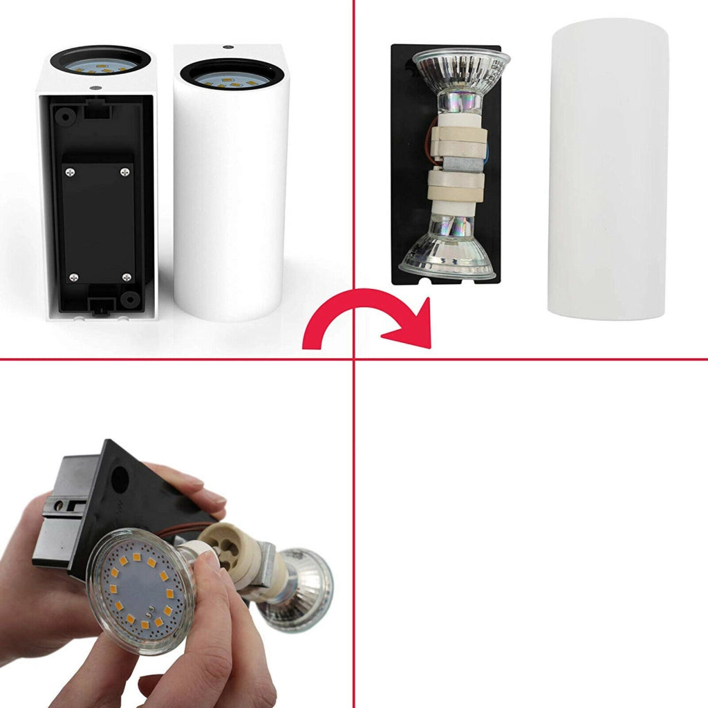 Applique lampada da parete a muro a biemissione con doppio attacco per lampadine a led GU10 faretto moderno illuminazione esterni interni IP65 Bianco