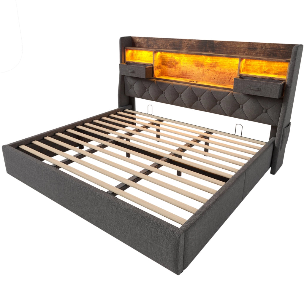 Letto matrimoniale imbottito ULEVR 180x200 cm con contenitore idraulico, LED e 3 USB + Type-C, lino grigio