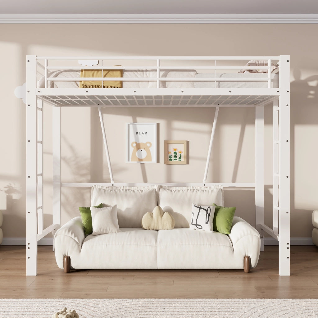Letto a soppalco 90x200 cm – con doppia scala e spazio sottoletto modulabile – metallo – bianco