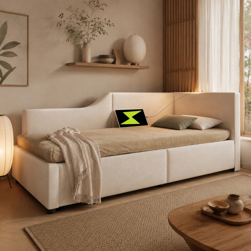 Letto da giorno imbottito 90x200 cm con contenitore idraulico; USB-C e lampada da lettura; velluto beige