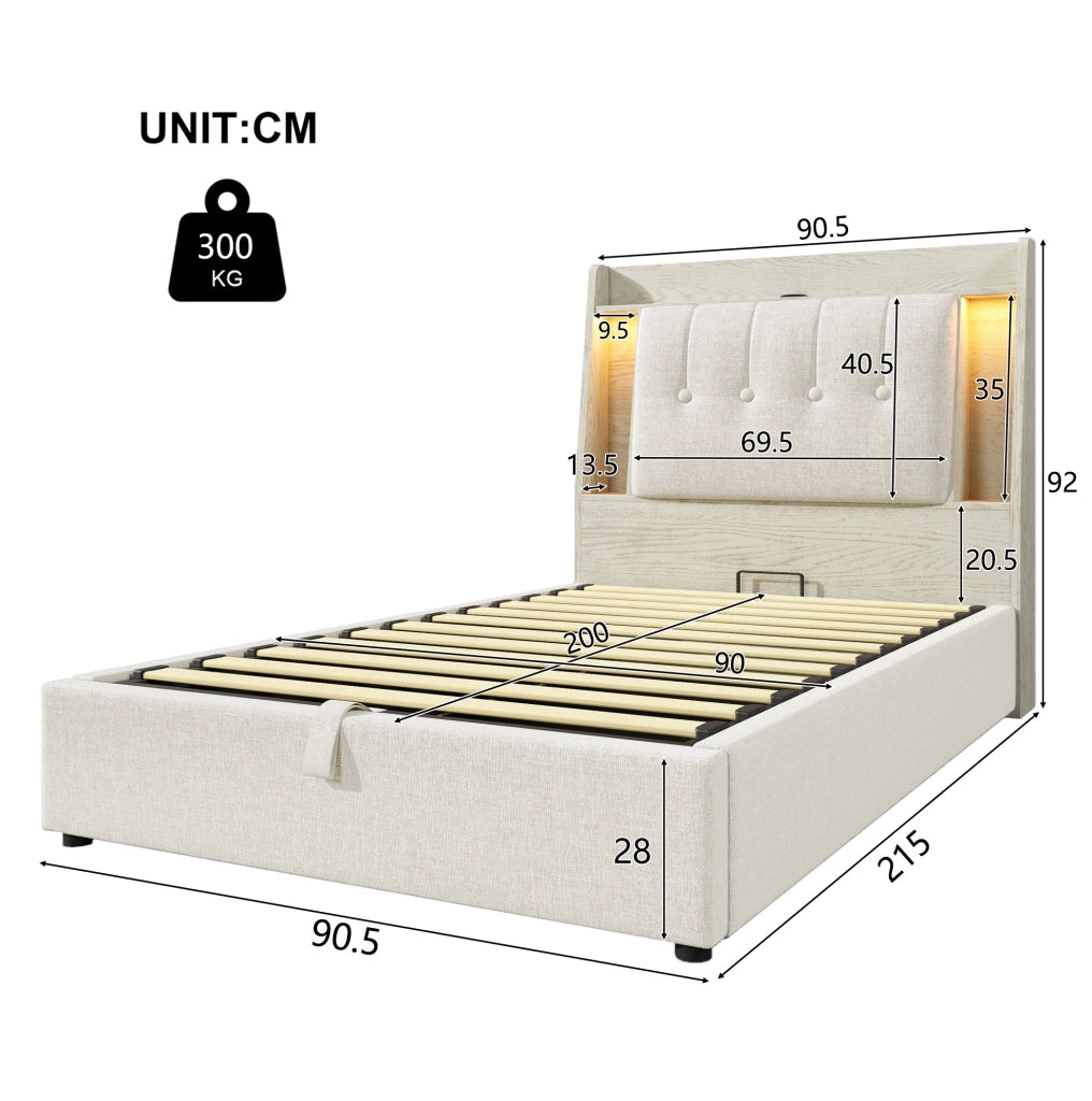 Letto imbottito 90x200 cm con contenitore; USB e USB-C; LED; lino beige