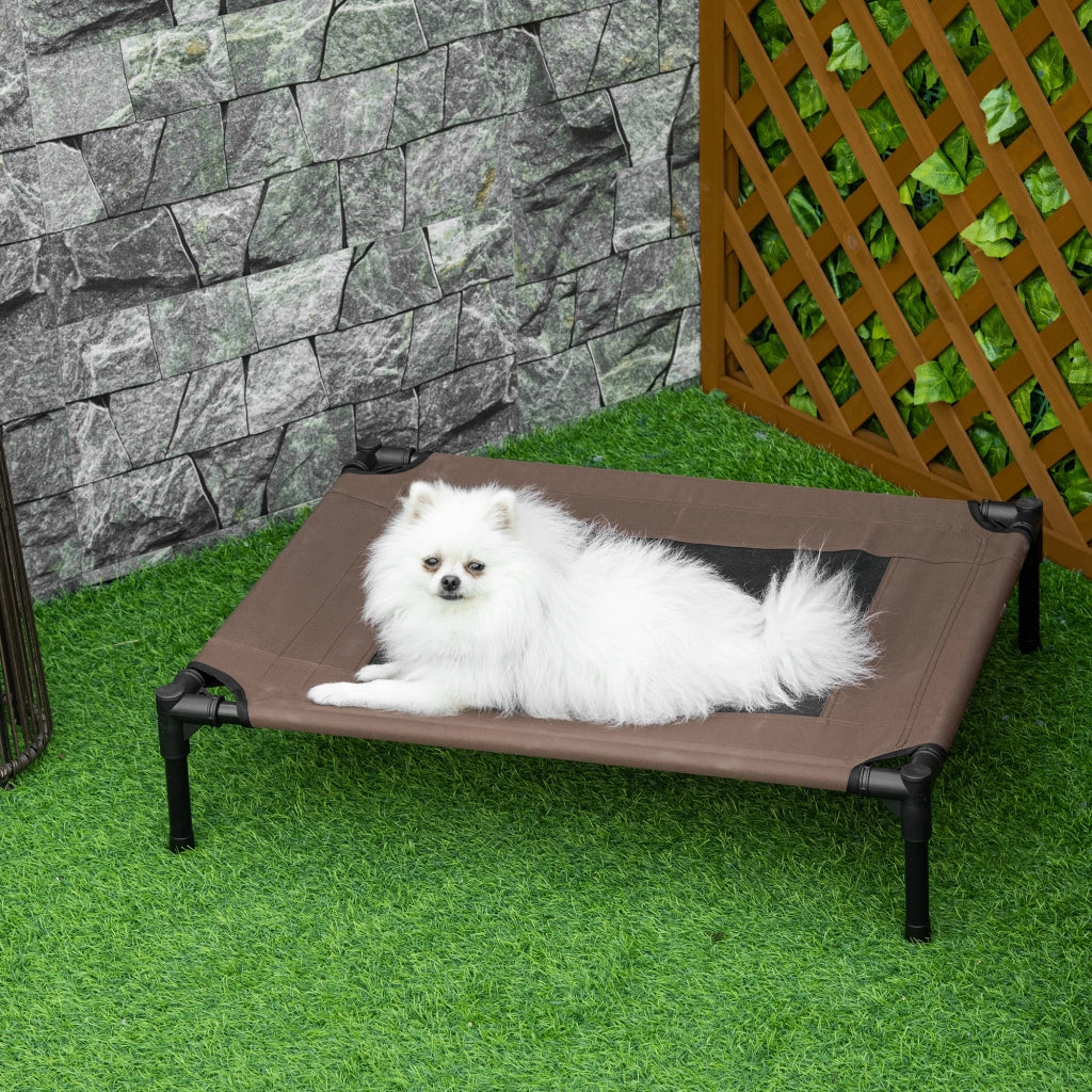 Cuccia per cani rialzata con telaio in acciaio, tessuto Oxford e rete traspirante per esterni marrone 76 × 61 × 18 cm