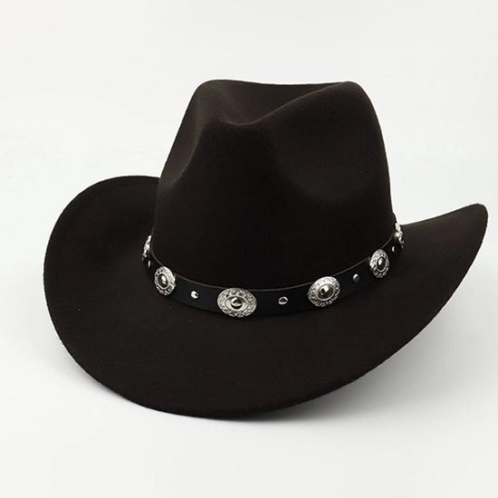 Cappello metallico in nero per uomo e donna, velluto, bordo largo, fedora cowboy