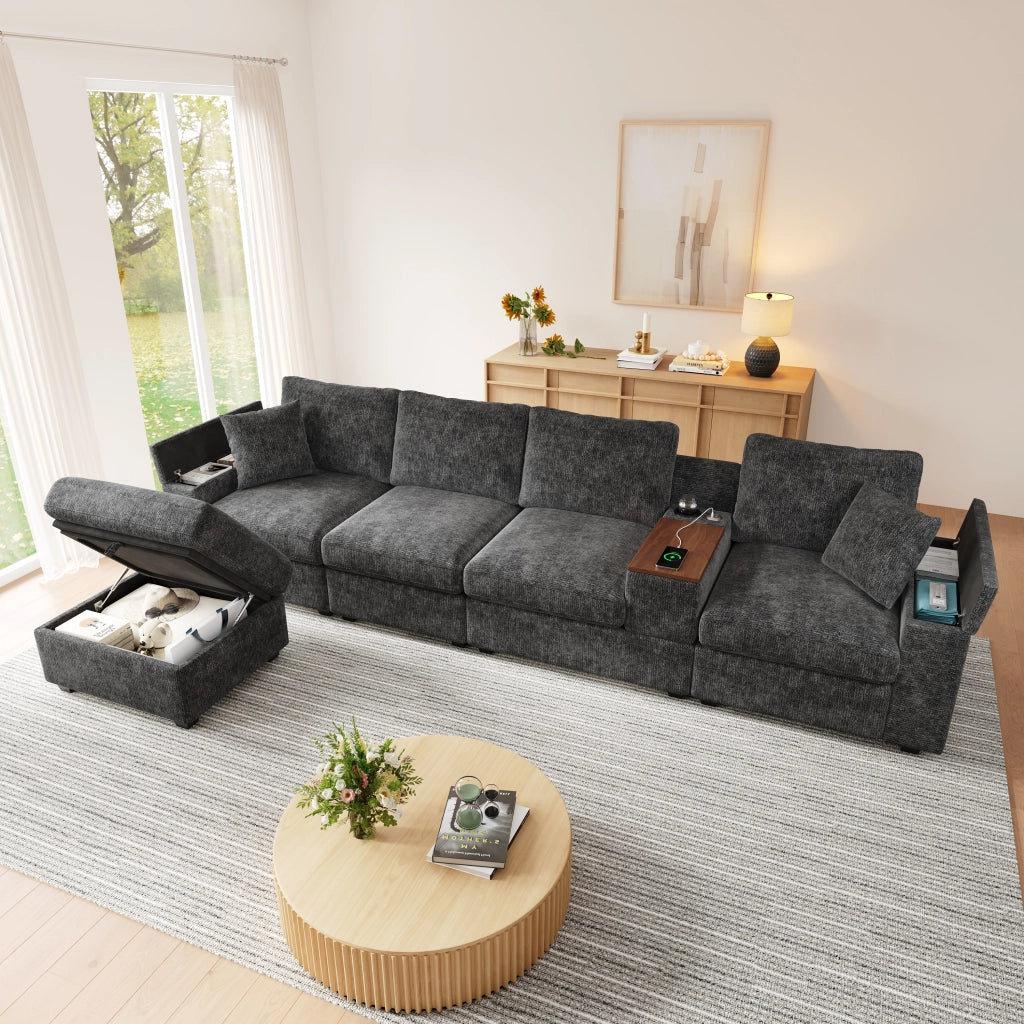 DIVANO angolare modulare 313x147x82 cm Chenille grigio