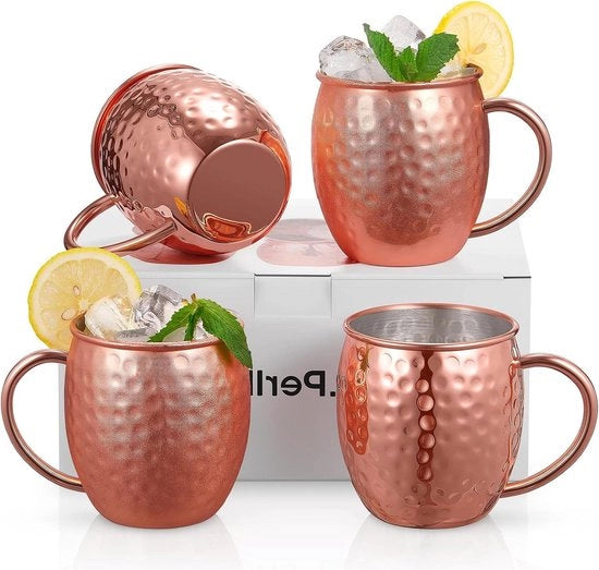 Set di 4 Tazze in Rame per Moscow Mule - 186 oz | In Acciaio Finito e Doppio Strato | Manufatti a Mano | Per Set di Cocktail e Tazze per Bevande
