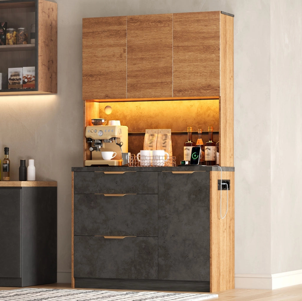 Credenza alta 100x40x180 cm con LED RGB, prese e USB in MDF naturale