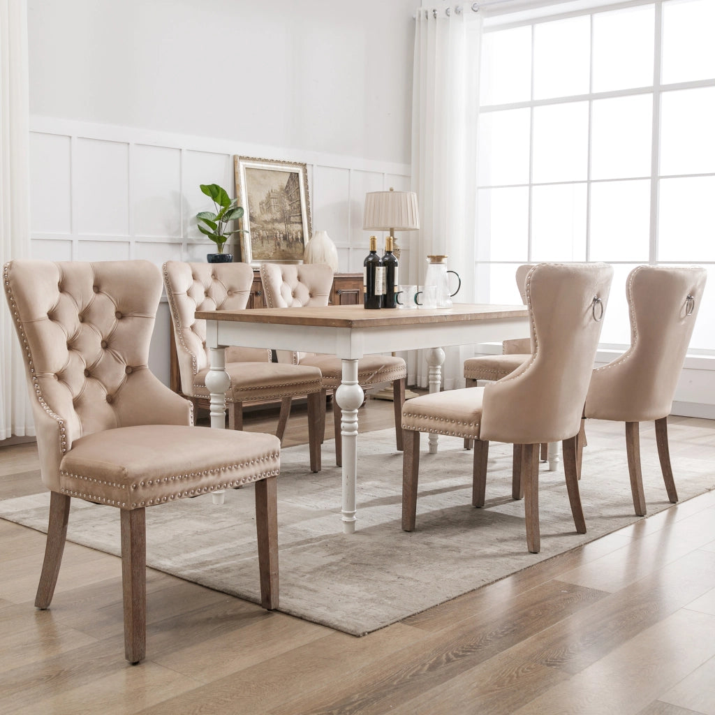 Sedia da Pranzo con Schienale e Seduta in Velluto Beige ¨C MINIMAL ¨C Set 6 Pezzi, Gambe in Legno Massello
