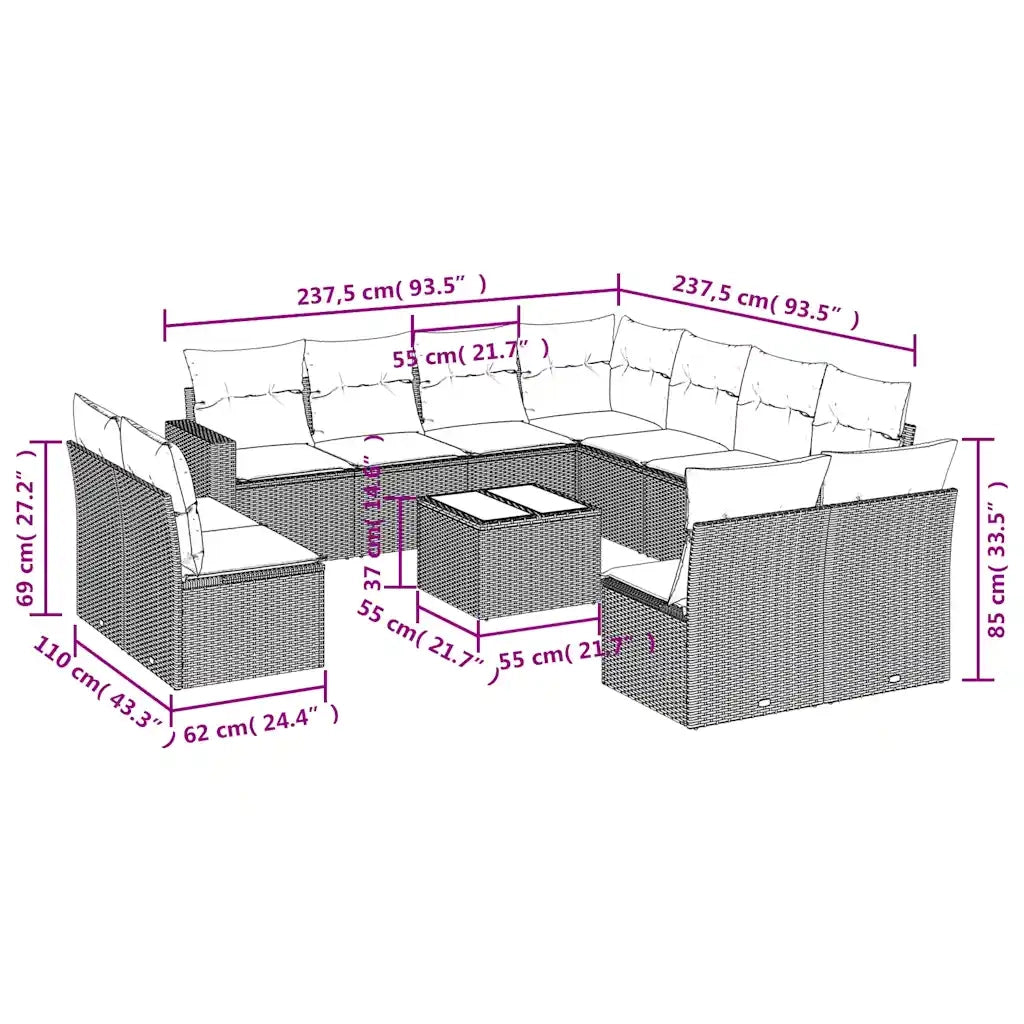 Set Divani da Giardino 12 pz con Cuscini Marrone in Polyrattan 3219133
