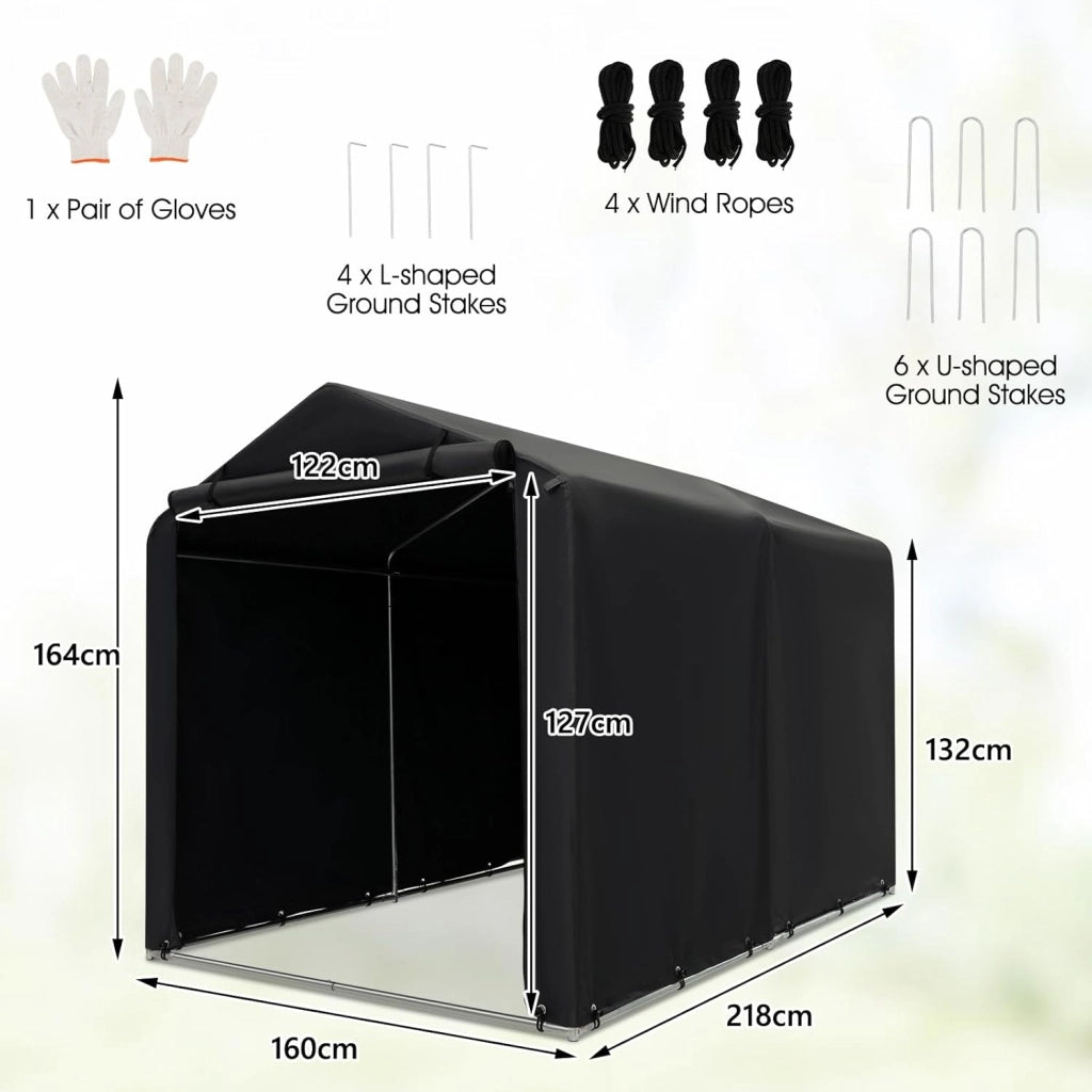 Capanno da Giardino 218 X 160 X 164 CM, Tenda Garage per Bici Moto Attrezzi, con Copertura en PE Impermeabile, Porta con Cerniera, Telaio in Metallo, Picchetti, per Esterno (Grigio Scuro)