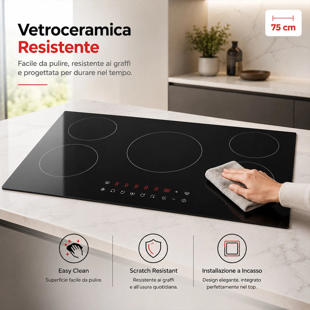Piano Cottura a Induzione 75 cm in Vetroceramica Nero Controllo Touch 5 Fornelli