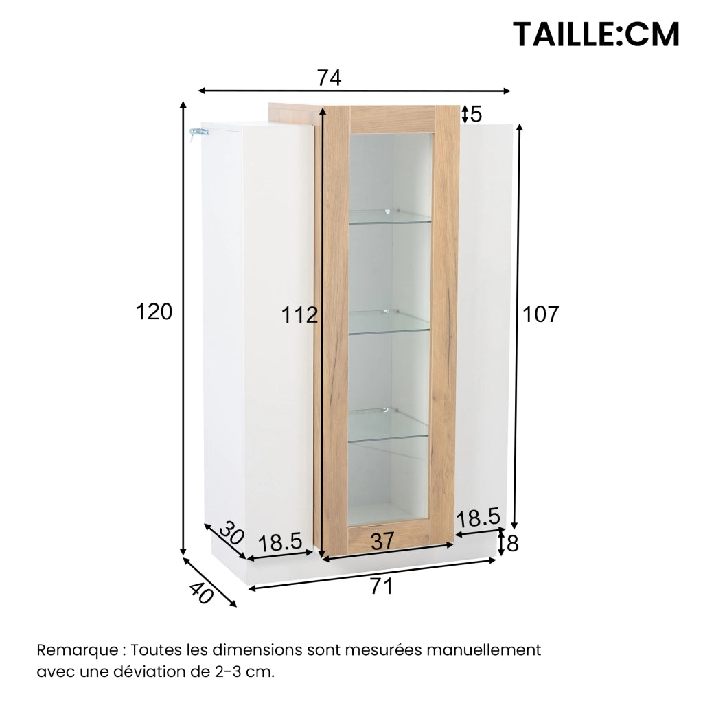 Vetrina; Libreria con 3 Ante; 1 Cassetto e LED; Controllo tramite App; Stile Moderno; in Pannelli di Particelle; Bianco e Legno; 74??40??120 cm