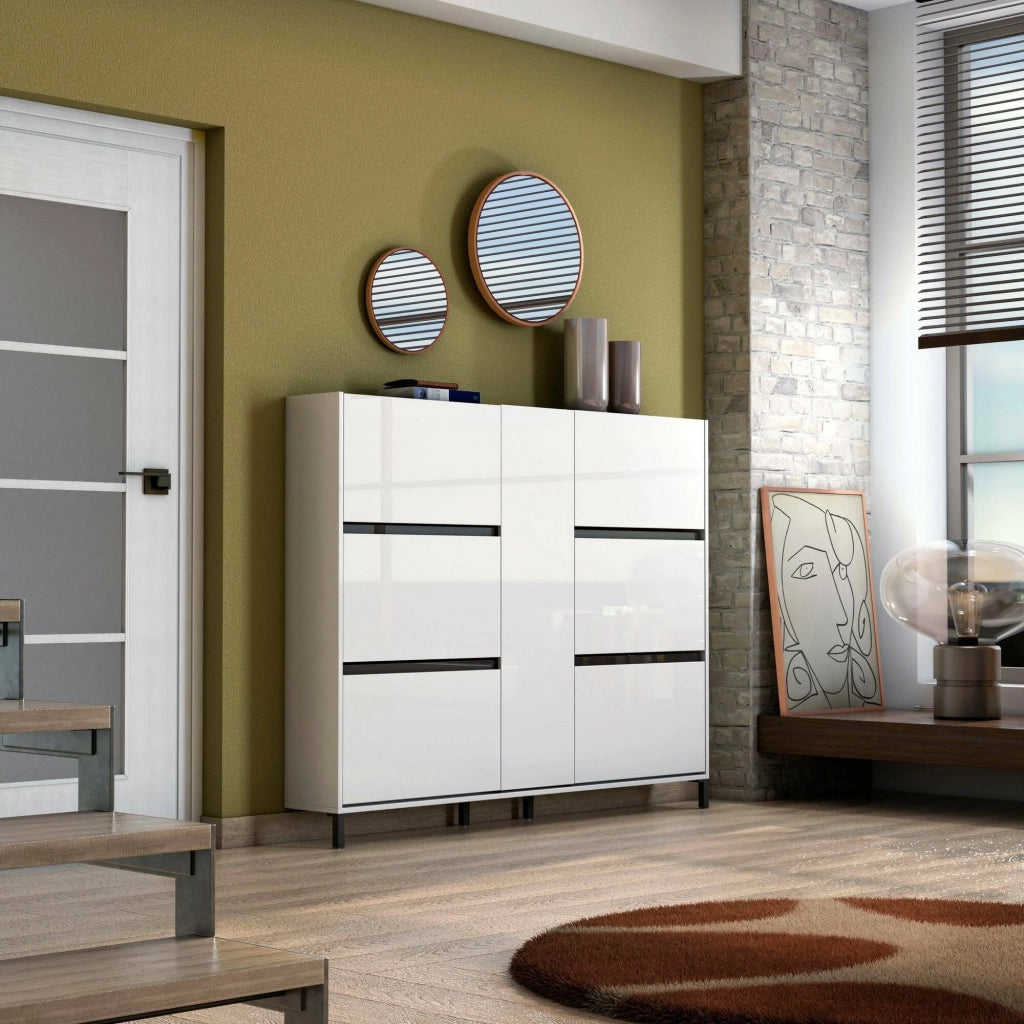 Mobile Portascarpe Axelino, Scarpiera 15 Paia Made in Italy, 169x25x136h cm Bianco Lucido