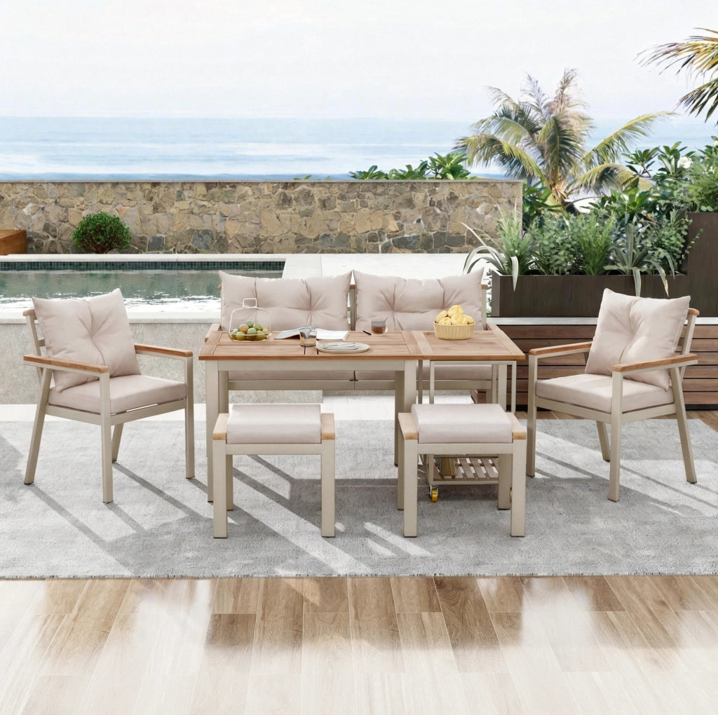 Set da pranzo da giardino per 6-7 persone in legno di acacia e metallo; beige e naturale
