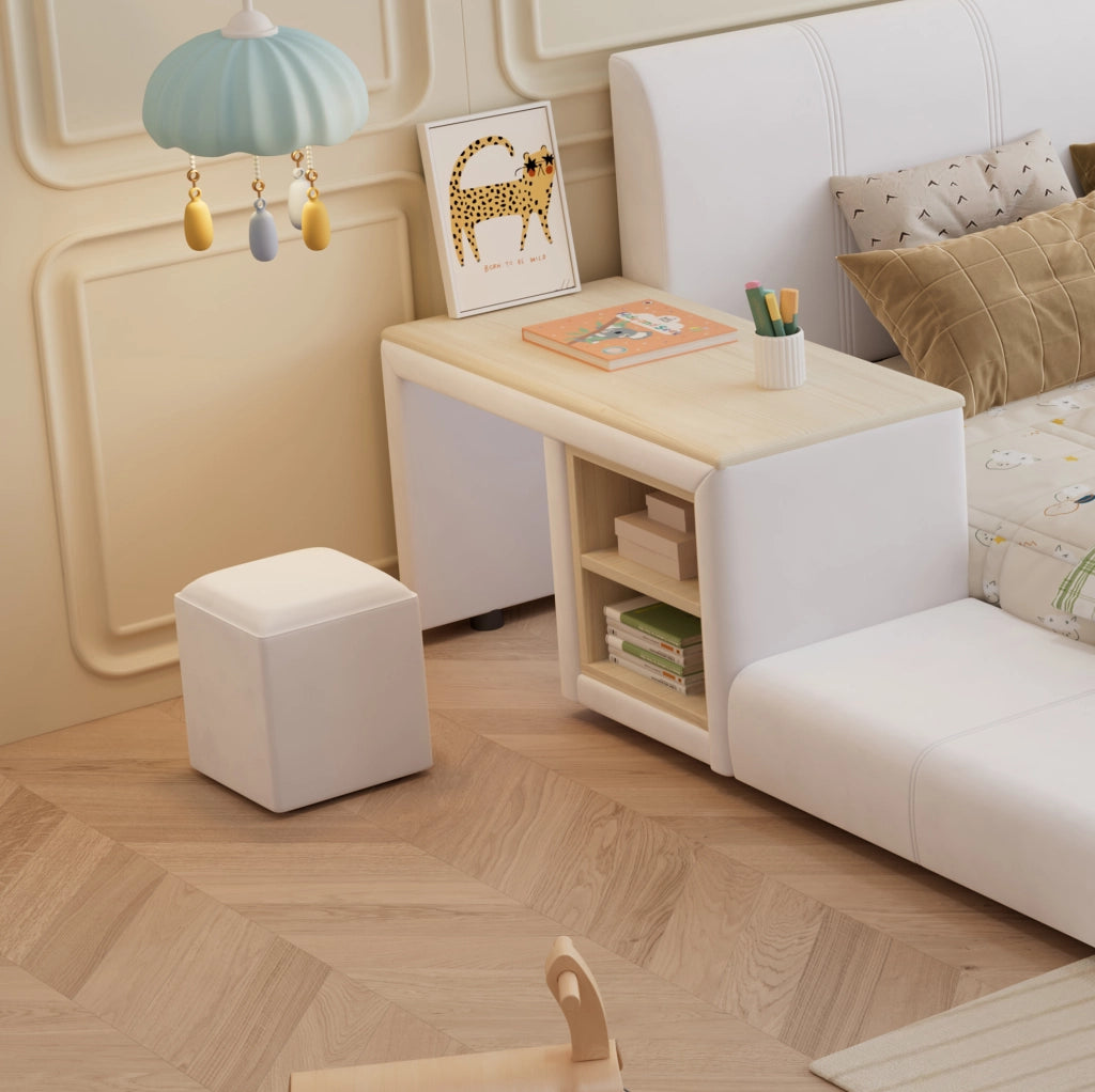 Letto imbottito per bambini con scrivania, sgabello e ripiano 140x200 cm bianco