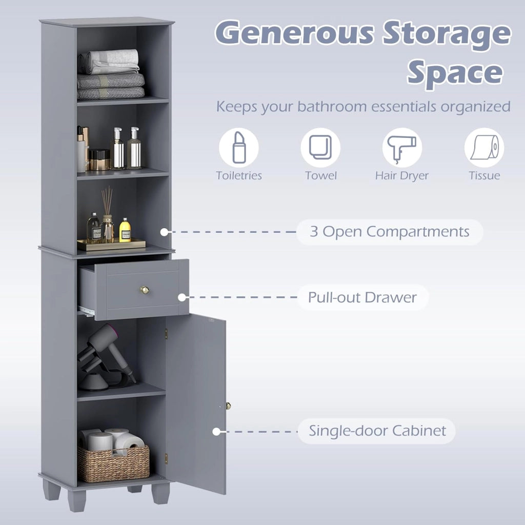 Armadio alto da bagno 172 cm, mobile a colonna da pavimento con 3 ripiani aperti, 1 cassetto e 1 porta, ripiano inferiore regolabile, 40 x 30 x 172 cm, organizer per cucina, soggiorno (grigio)